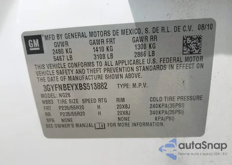 2011 Cadillac Srx Performance Collection from USA, damaged, VIN 3GYFNBEYXBS513882